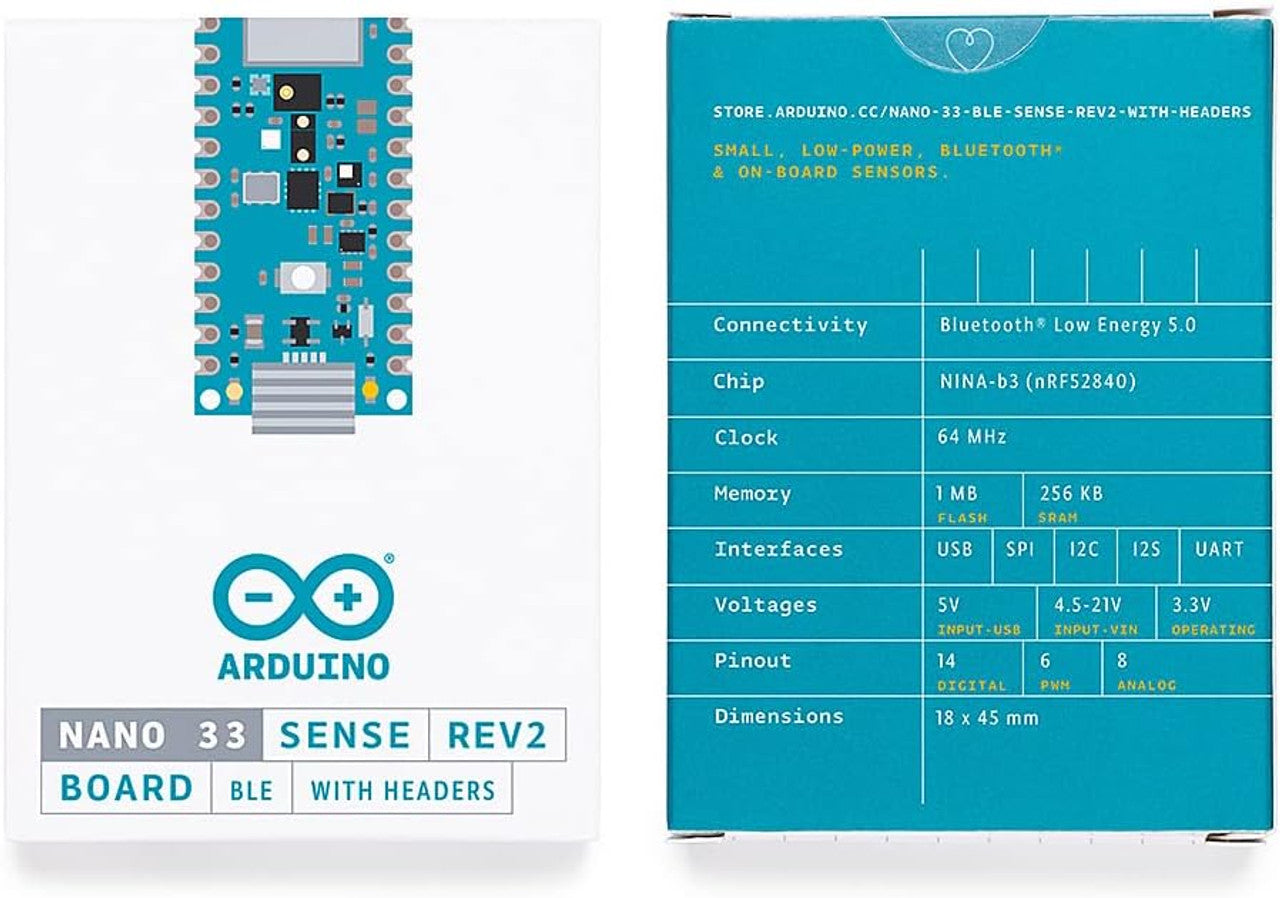 Arduino Nano 33 BLE Sense Rev2 w/ Headers, AI Microcontroller, Bluetooth, Wearables, Gesture &Voice Recognition ABX00070