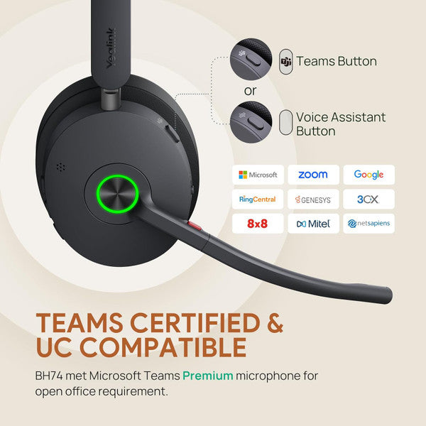 Yealink BH74 Teams Bluetooth Headset with Mic for Work, 32h Talking, Microsoft Teams Certified, USB-C/A 1208678