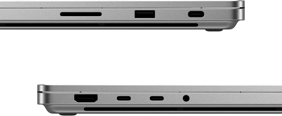 Close-up side views of a silver laptop showing the port openings along the bottom edge, on a white background.
