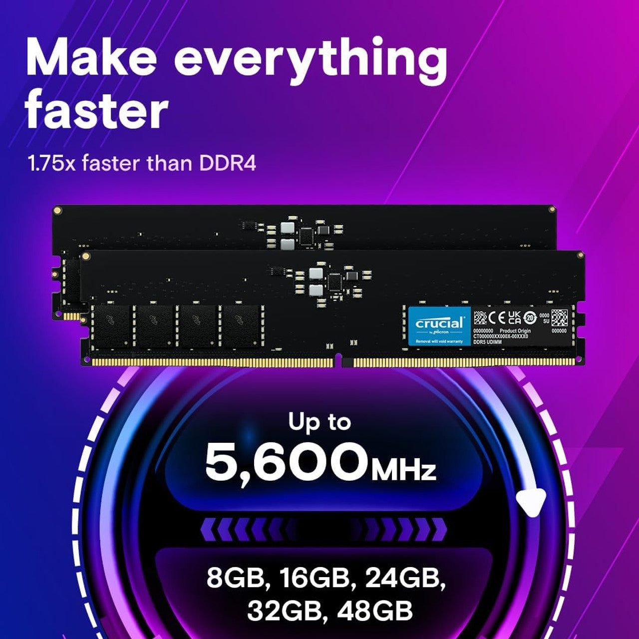 Crucial RAM 8GB DDR5 4800MHz CL40 UDIMM Desktop Memory CT8G48C40U5