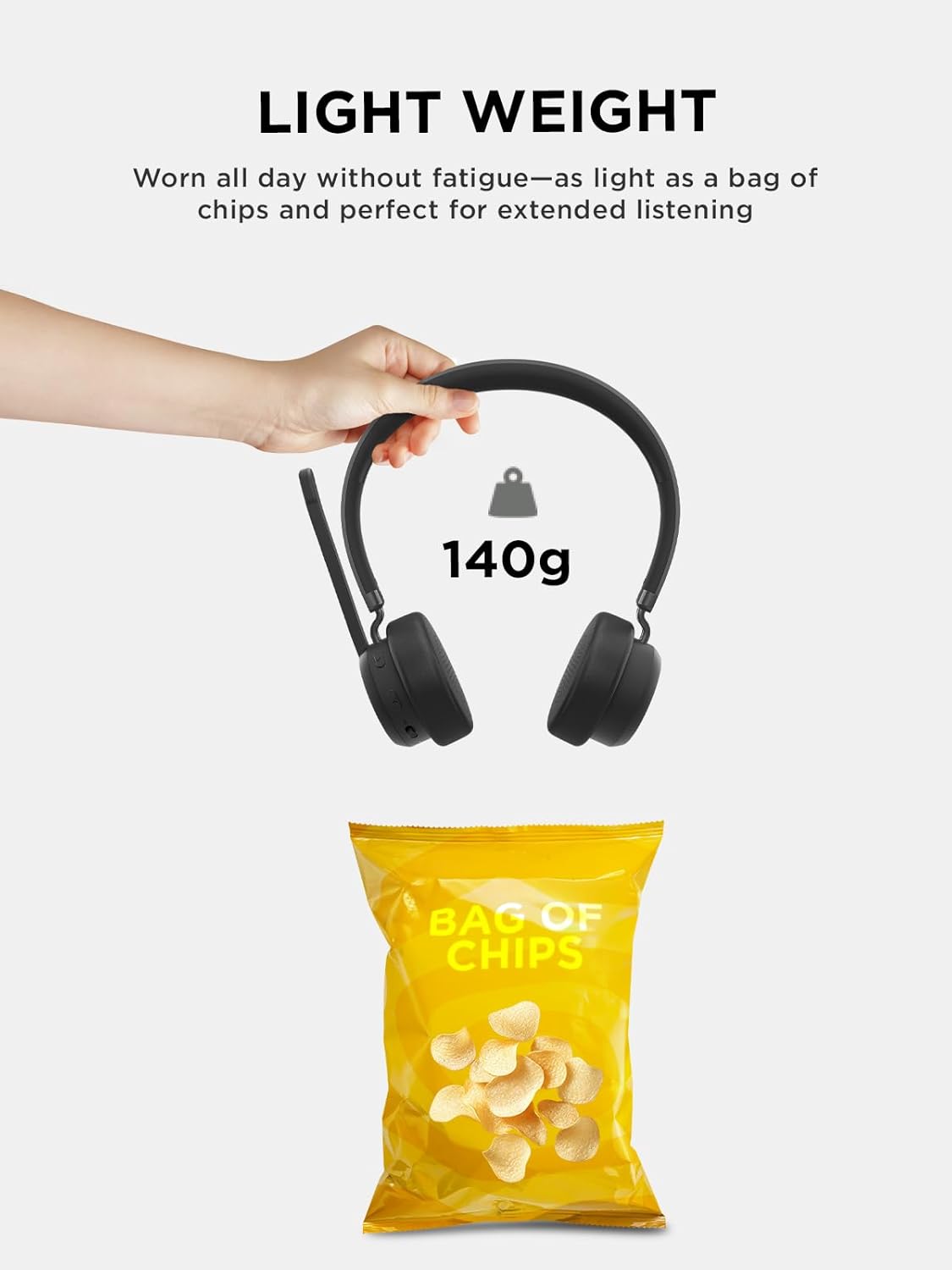 Headphones held above a bag of chips with text about weight and comfort.