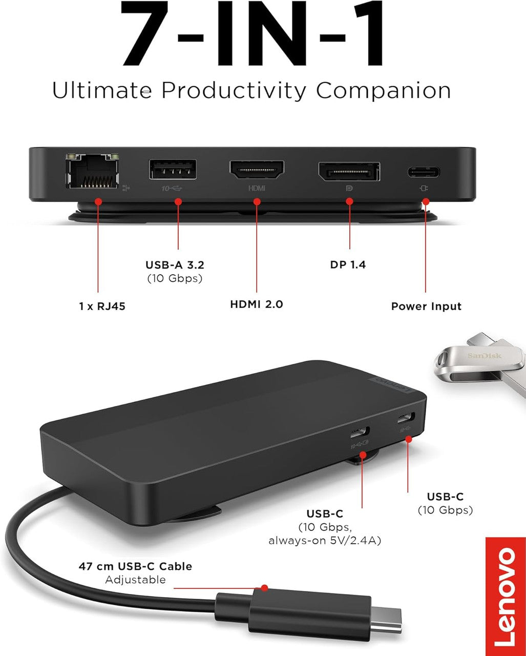 Lenovo USB-C Dual Display 4K Travel Dock w/ 100W Power Adapter - 7 Ports, Universal Compatibility (Black) 40B90100US