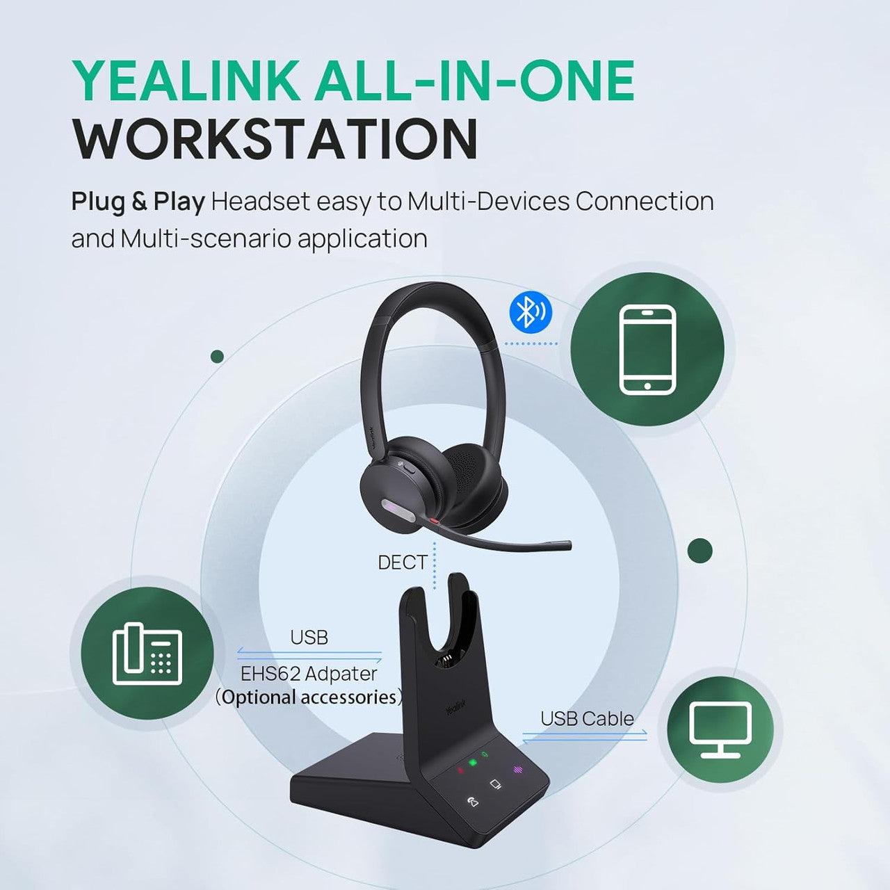 Yealink WH64 Mono UC Wireless Headset, DECT&Bluetooth, Phone Headset, 26h Talking, Office Work, Cell Phone Headset 1208672