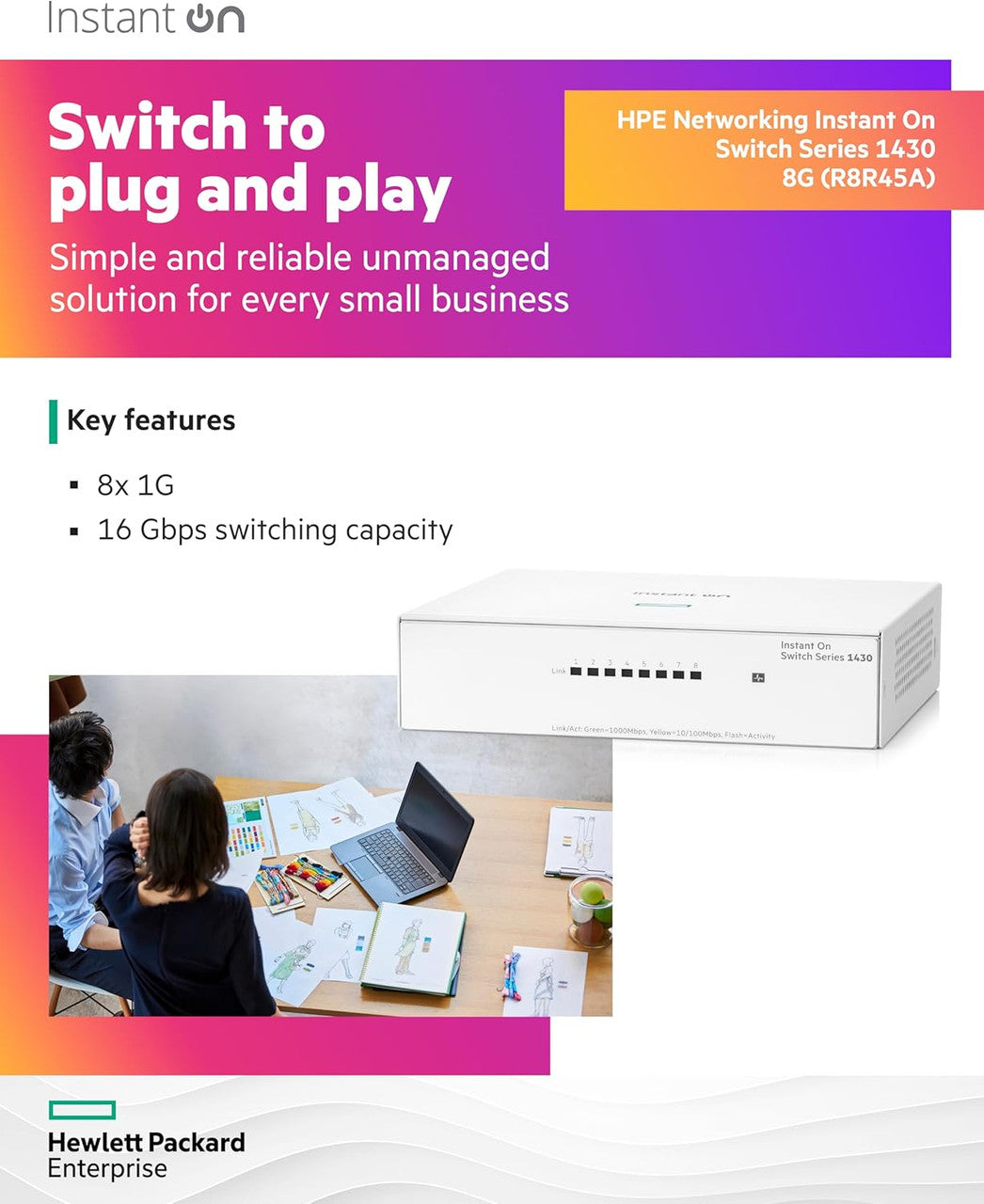 HPE Networking Instant On 1430 8-Port Gb Unmanaged Layer 2 Ethernet Switch | 8X 1G | Fan-Less | US Cord | R8R45A#ABA