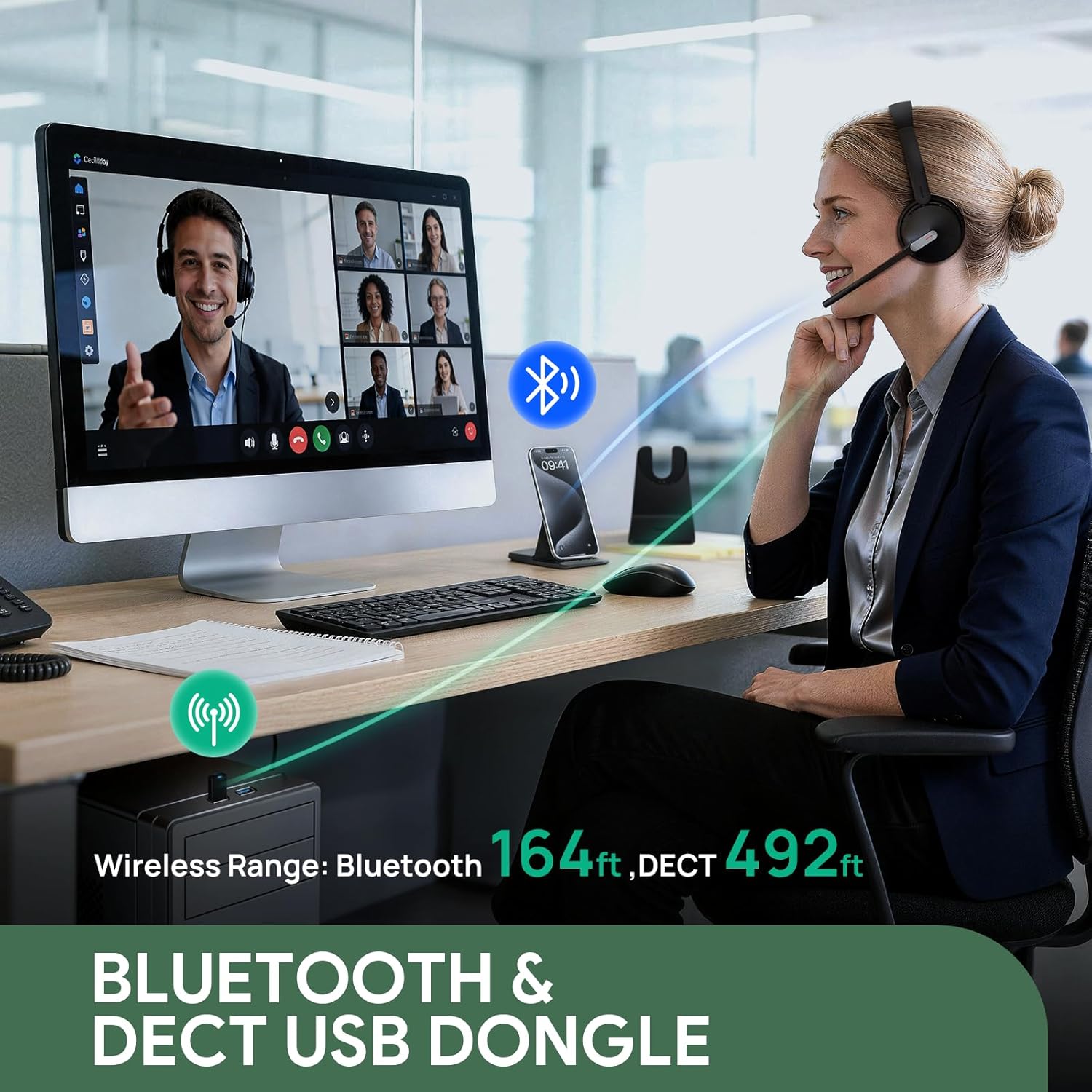 Yealink WH64 Hybrid Dual Teams Headset | Hybrid DECT & Bluetooth | Noise Reduction | USB | 1208685