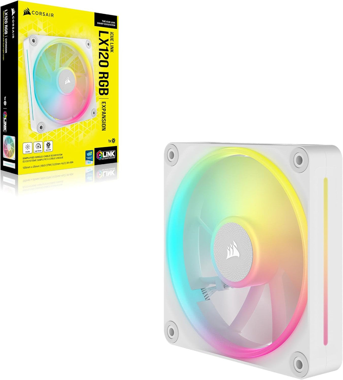 Corsair iCUE Link LX120 RGB PWM | 120 mm | 2400 rpm | 4-Pin Case Fans Expansion (White) CO-9051029-WW