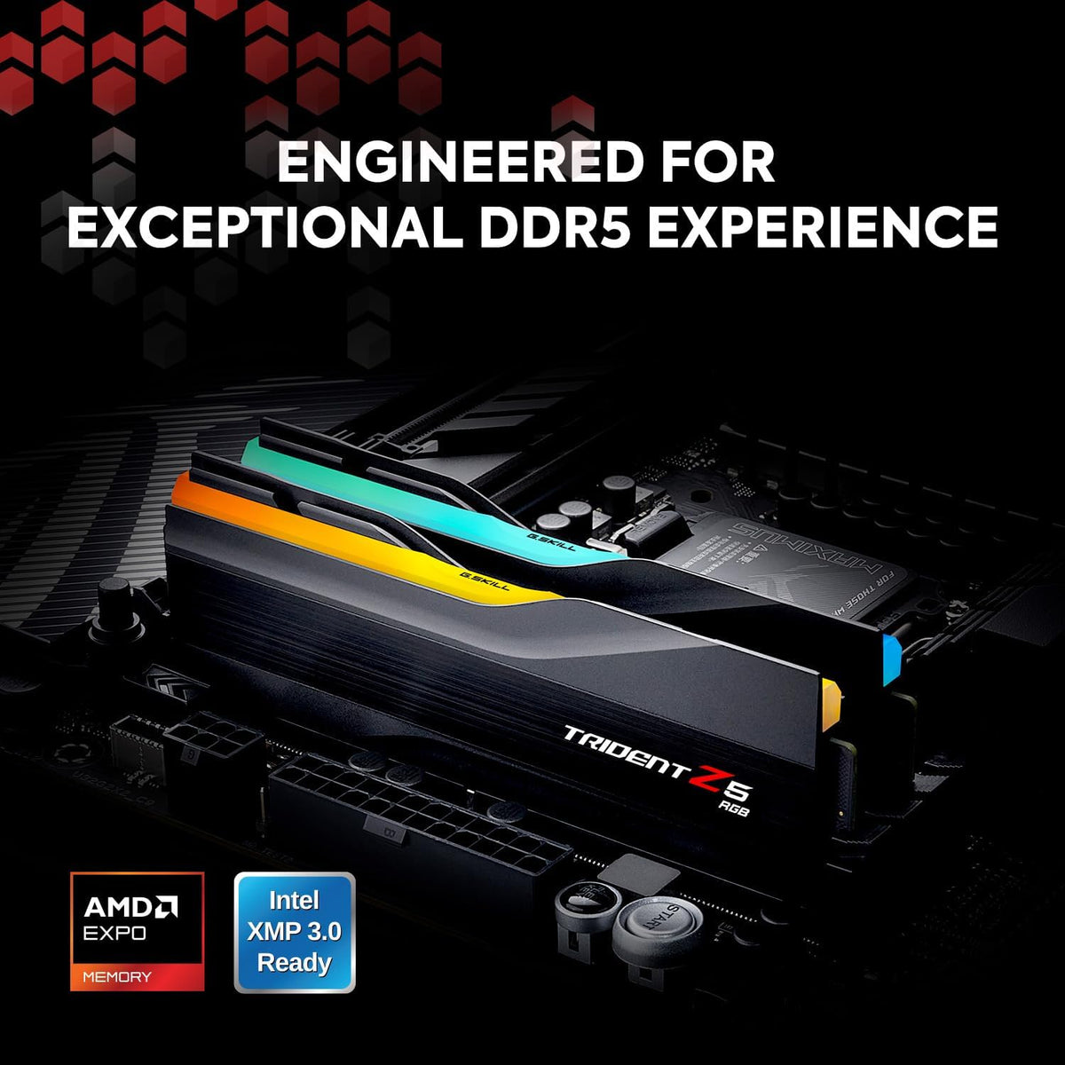 AMD Trident Z5 RGB RAM DDR5 memory modules shown installed on a motherboard, with glowing RGB light accents and promotional text reading 'ENGINEERED FOR EXCEPTIONAL DDR5 EXPERIENCE' plus AMD and Intel XMP 3.0 Ready badges.