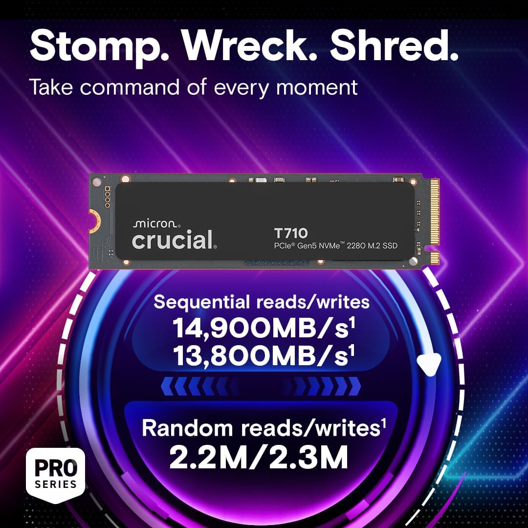 Crucial T710 2TB Gen5 NVMe M.2 SSD | Up to 14,900 MB/s | PC Compatible | Creators & Gamers | CT2000T710SSD8