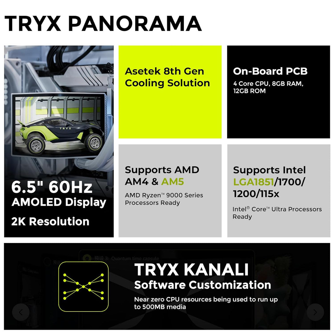 TRYX Panorama 360 Muti-Compatible AMOLED L-Shaped 3D Anamorphic Display Custom AIO Cooler (White) L-P360N-DS3M-G0W