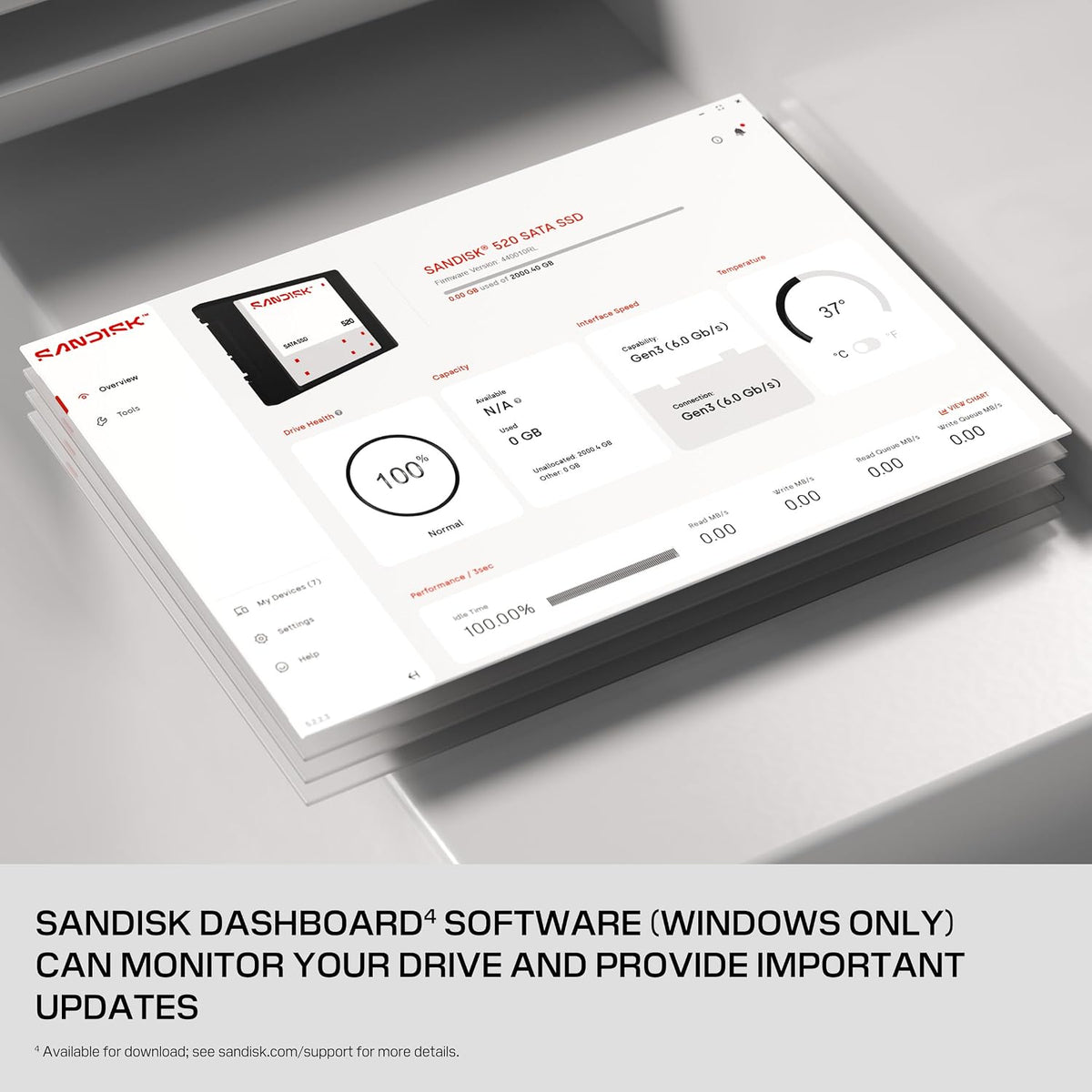A stack of Sandisk software manuals or guides displayed on a light gray surface, with a screenshot of the Sandisk Dashboard software interface visible on the top page. Text below reads: 'SANDISK DASHBOARD SOFTWARE (WINDOWS ONLY) CAN MONITOR YOUR DRIVE AND PROVIDE IMPORTANT UPDATES'.