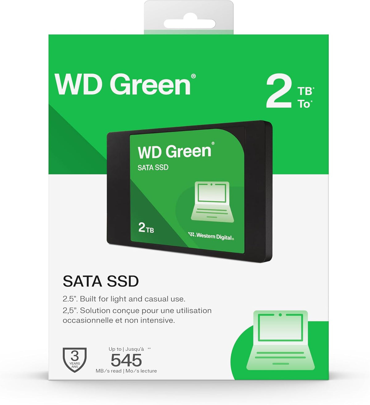 WD Green 2TB SATA SSD retail packaging box, featuring a green and white design with a graphic of the black-and-green SSD module.