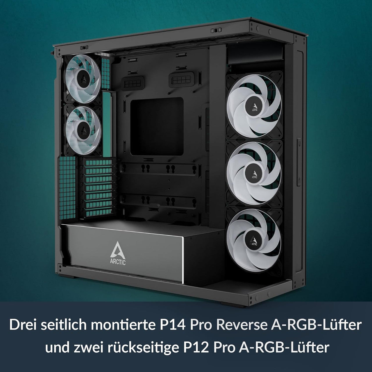 Arctic Xtender PC Case-Mid Tower-Tempered Glass Panel-Included A-RGB Fans (Mirror Black) ACPCC00018A