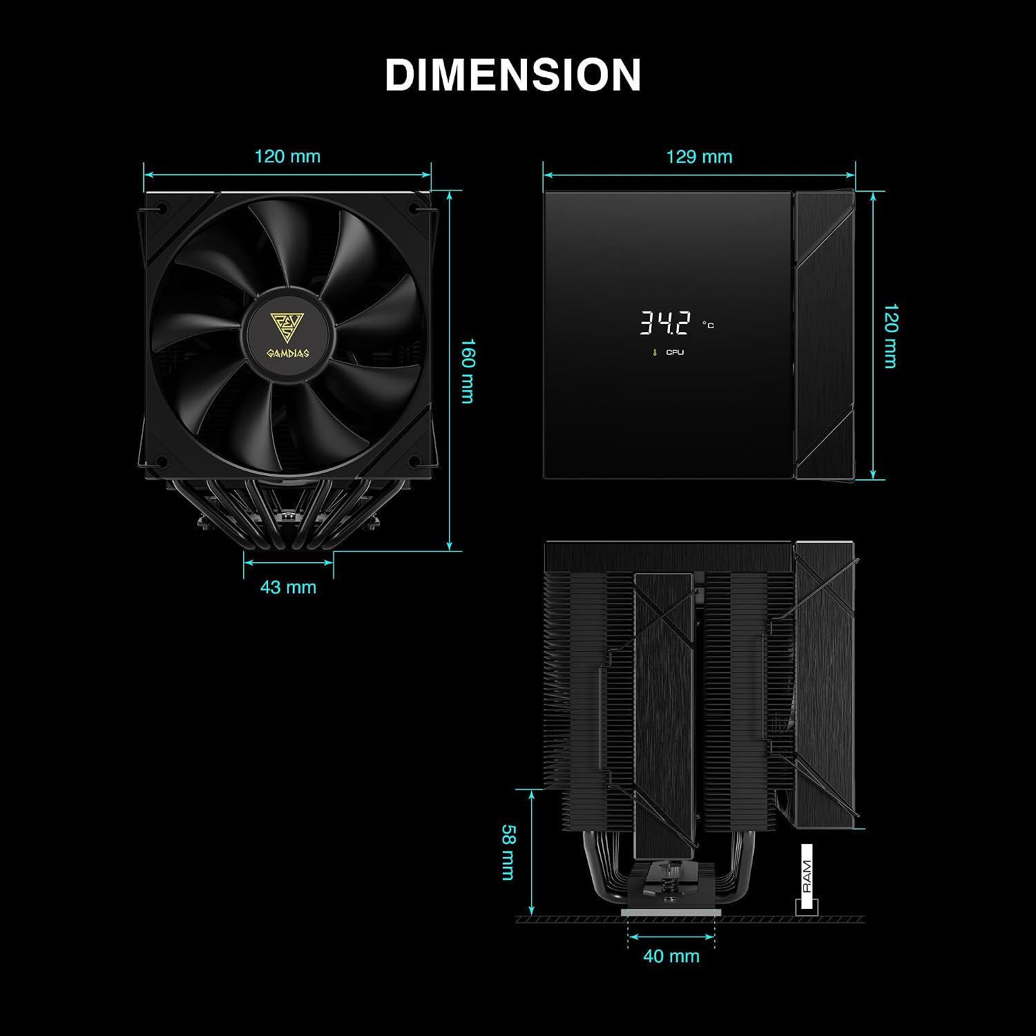 GAMDIAS AMD/Intel CPU Air Cooler, 6 performance Copper Heat Pipes, Dual fans, CPU Temp and Fan RPM display (Black) - BOREAS P2-62D