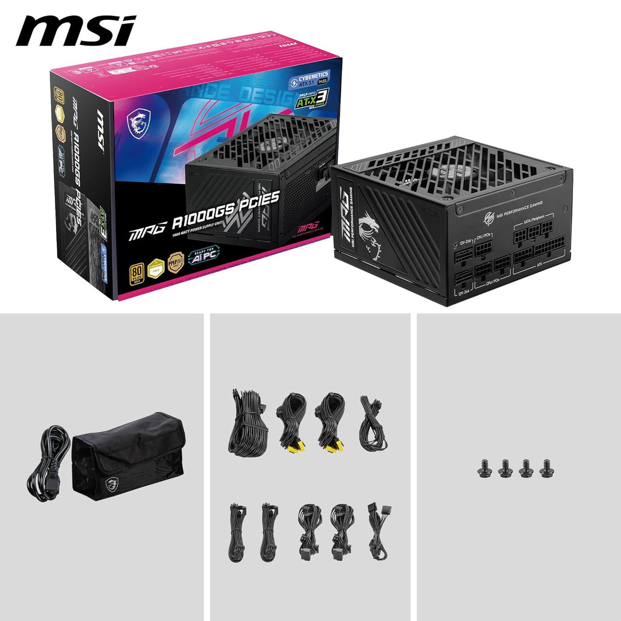 MSI 1000W ATX 3.1 Gaming Power Supply Full Modular 80 Plus Gold Certified ATX PSU MPG A1000GS PCIE5