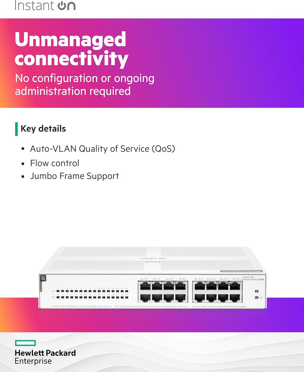 HPE Networking Instant On 1430 16-Port Gb Unmanaged Layer 2 Ethernet Switch with PoE | 16xCL4 PoE (124W) | Fan-Less | US Cord | R8R48A#ABA