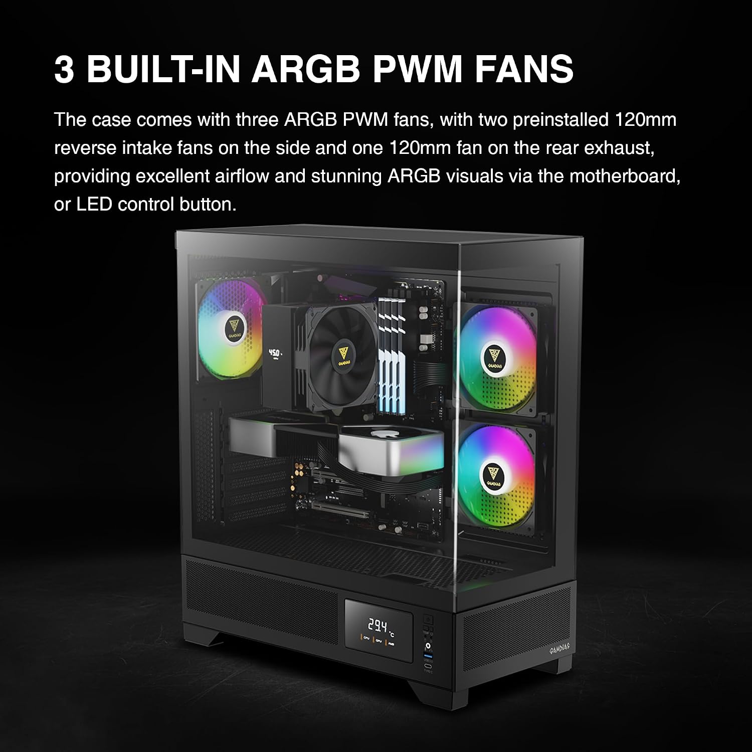 GAMDIAS ATLAS M1 A-RGB Mid-Tower Gaming PC Case | ATX | 3 x 120mm A-RGB PWM Fans | Seamless Tempered Glass | Black | GD-Atlas M1 Black