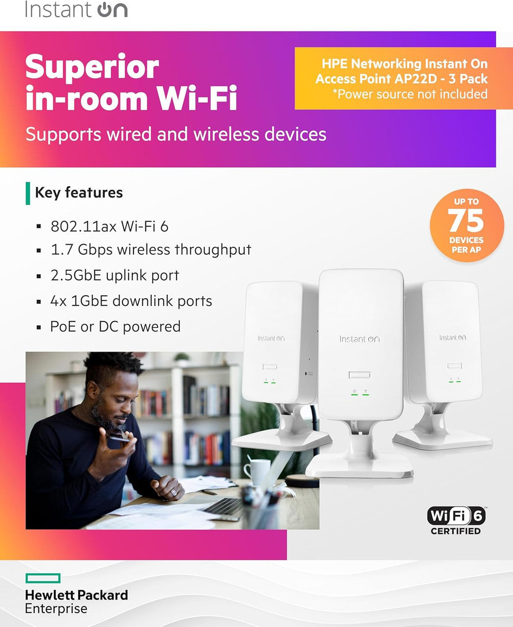 HPE Networking Instant On Access Point AP22D 2x2 WiFi 6 Indoor Wireless Access Point (5 Pack) | Single-Room, Secure, Smart Mesh Support | Power Source Not Included | US Model (S1U75A-5PACK)