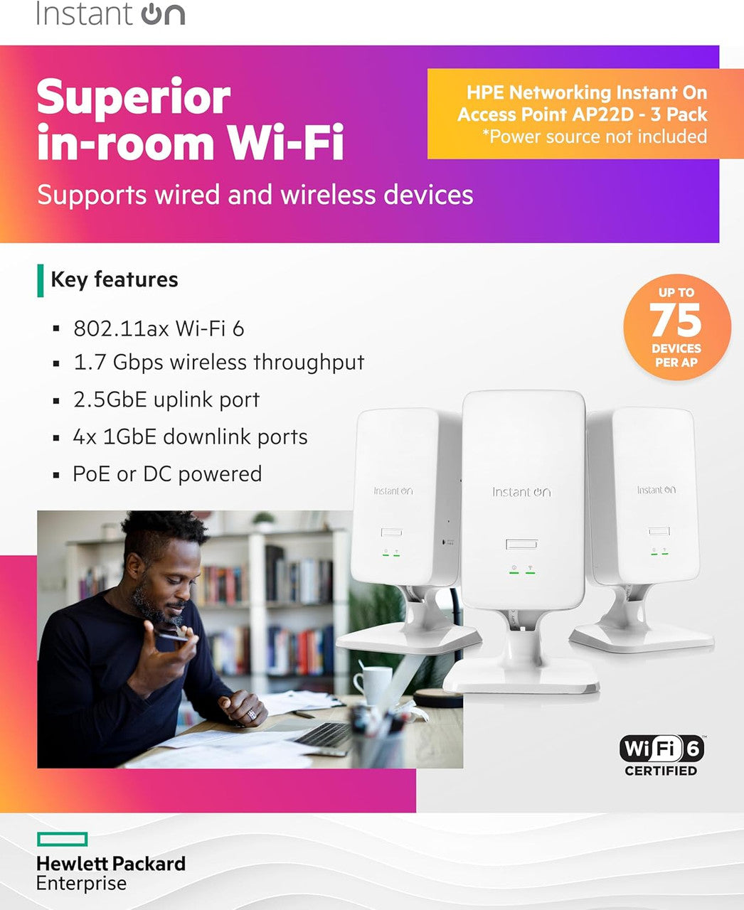 HPE Networking Instant On Access Point AP22D 2x2 WiFi 6 Indoor Wireless Access Point (3 Pack) | Single-Room, Secure, Smart Mesh Support | Power Source Not Included | US Model (S1U75A-3PACK)