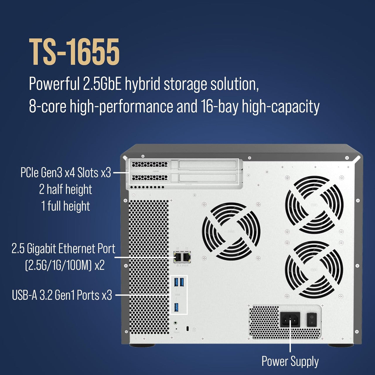 QNAP 16-Bay High-Performance Desktop NAS, Intel Atom C5125 8C/8T, 8 GB UDIMM DDR4 non-ECC RAM, 550W PSU TS-1655-8G-US