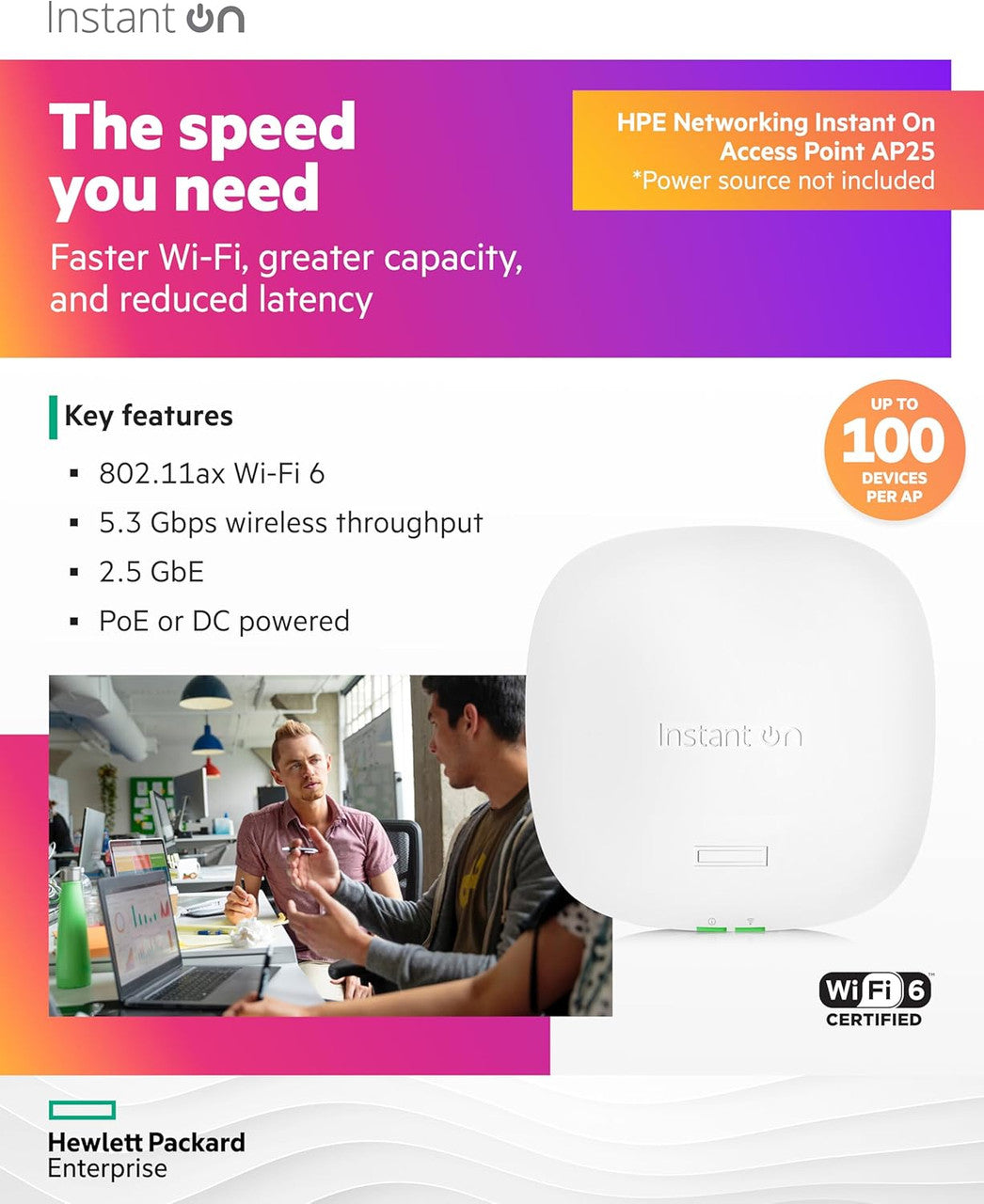 HPE Networking Instant On AP25 .11ax 4x4 Wi-Fi Access Point | US Model | Power Source not Included | R9B27A (Pack of 5)