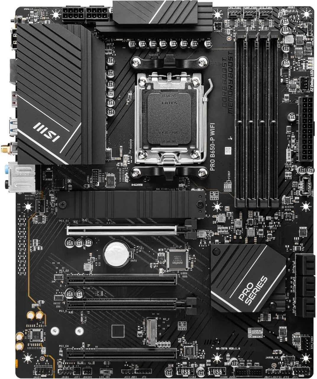 MSI ProSeries Motherboard, AMD AM5, ATX, DDR5, PCIe 4.0, M.2, SATA 6Gb/s, USB 3.2 Gen 2, HDMI/DP, Wi-Fi 6E PRO B650-P WIFI