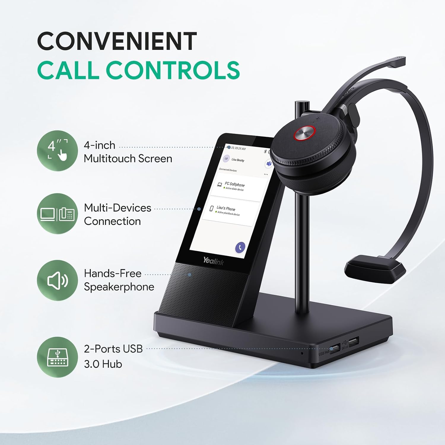 Yealink WH66 Dual Teams Wireless Headset | DECT | 4" Touchscreen | Full-Duplex Speaker | 1308003