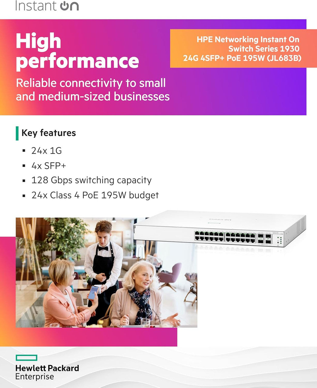 HPE Networking Instant On 1930 24-Port Gb Smart-managed Layer 2+ Ethernet Switch with PoE | 24x 1G | 4x SFP+ | 24x CL4 PoE 195W | US Cord | JL683B#ABA
