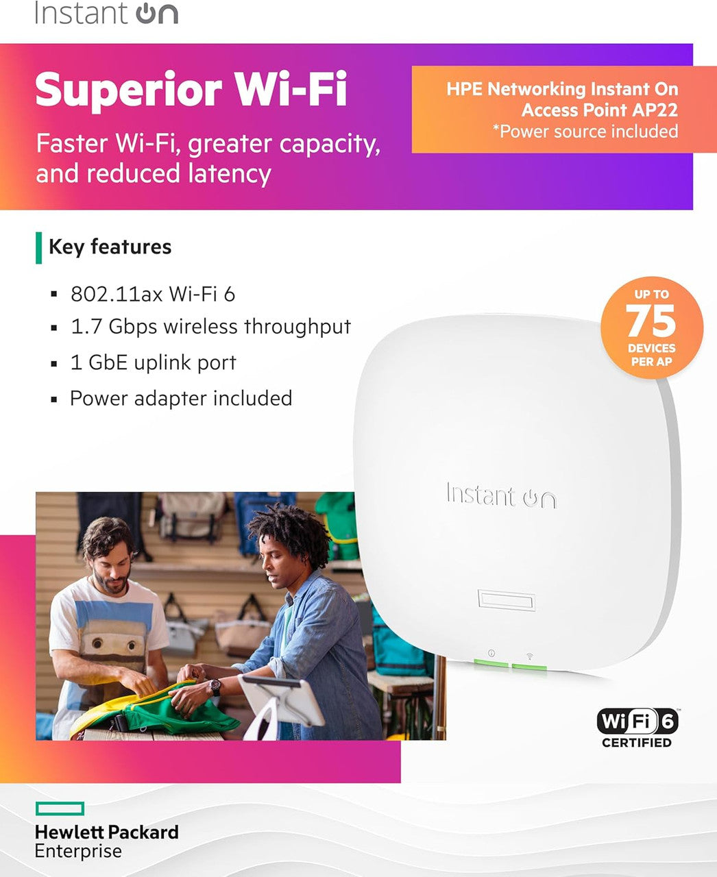 HPE Networking Instant On AP22 802.11ax 2x2 Wi-Fi 6 Wireless Access Point | US Model | Power Source Included | R6M49A