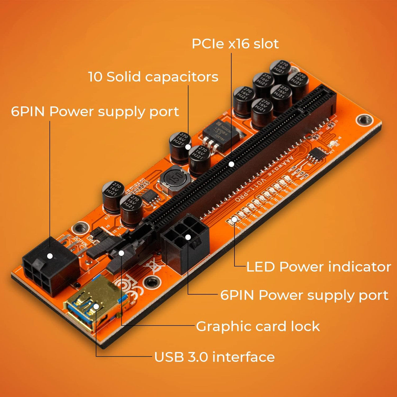 AAAwave PCIE Riser VER 011 PRO 1x to 16x Graphic Extension for GPU Mining 60cm USB 3.0 Cable, 10 Solid Capacitors, 12 Led Lights, 2x 6PIN and 2 Power Options