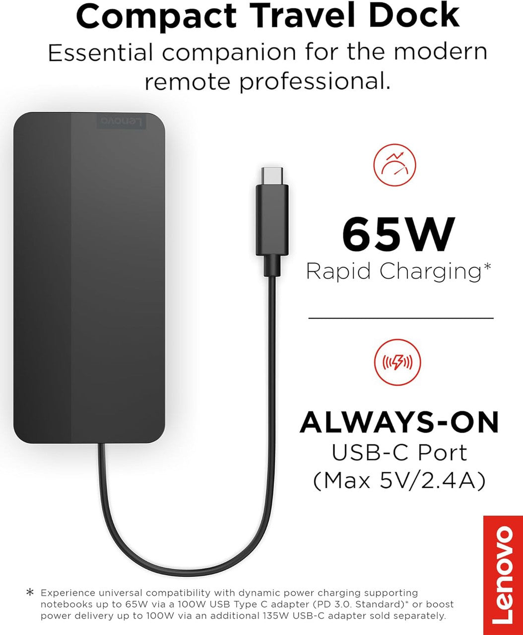 Lenovo USB-C Dual Display 4K Travel Dock w/ 100W Power Adapter - 7 Ports, Universal Compatibility (Black) 40B90100US