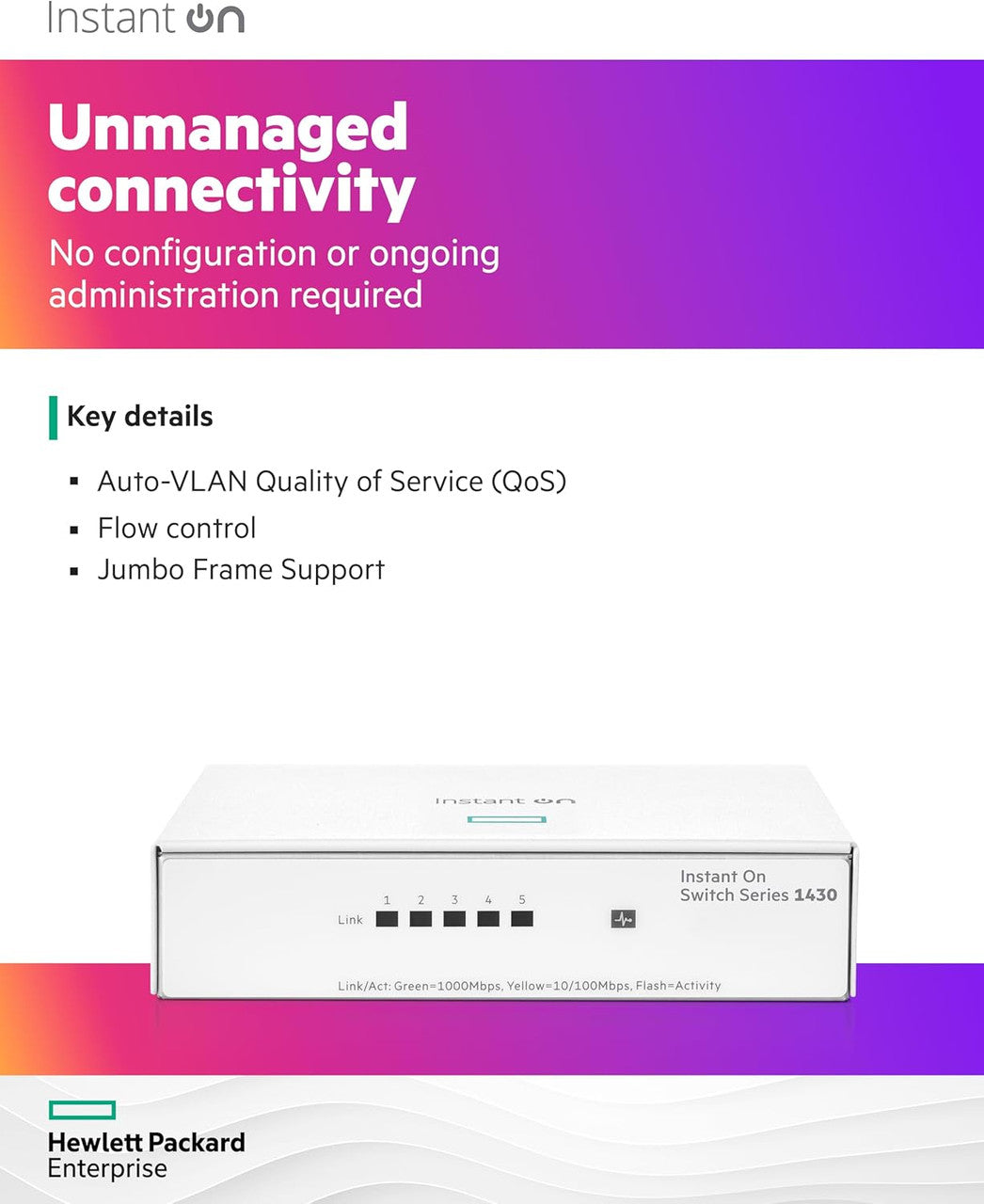 HPE Networking Instant On 1430 5-Port Gb Unmanaged Layer 2 Ethernet Switch | 5X 1G | Fan-Less | US Cord | R8R44A#ABA