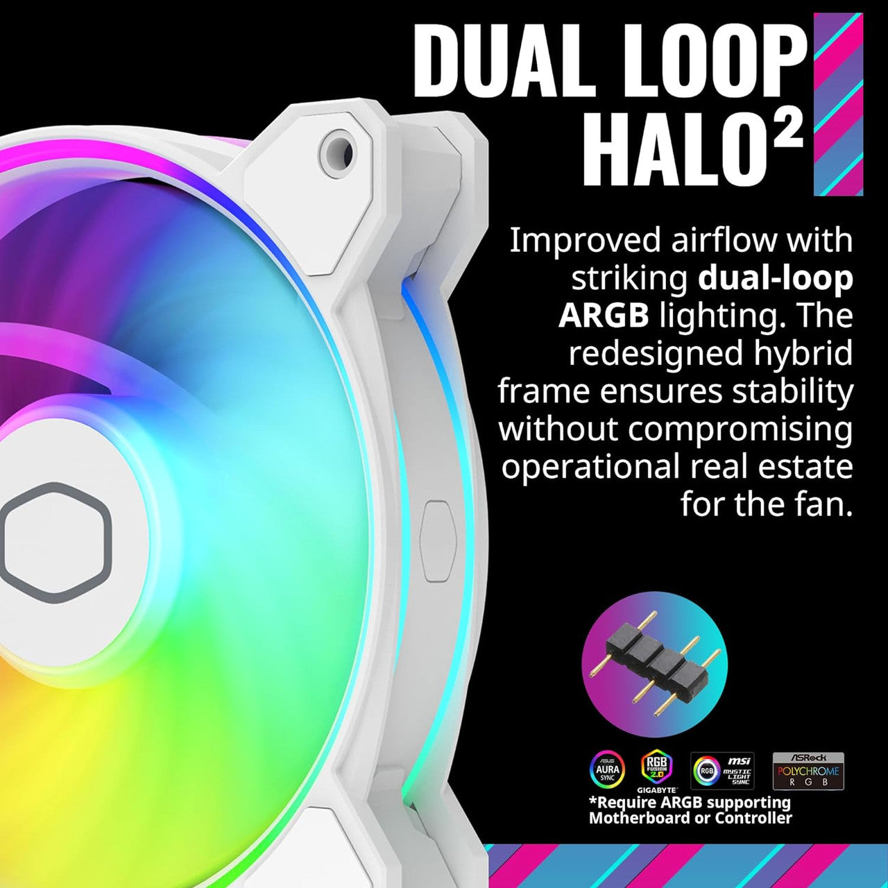 Cooler Master MasterFan MF140 Halo, Duo-Ring ARGB Gen2 LED140mm PWM, Hybrid Frame Case fan, Liquid-White MFL-B4DW-16NP2-R2
