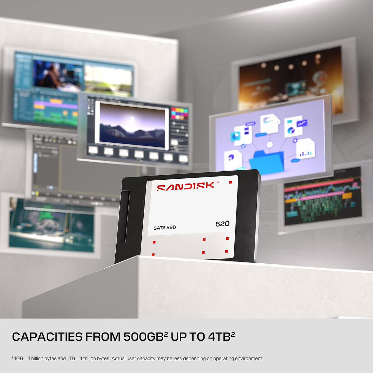 A Sandisk 520GB SSD shown in a black enclosure on a white display stand, with multiple computer monitors in the background displaying software interfaces. Text at the bottom reads 'CAPACITIES FROM 500GB* UP TO 4TB*'.