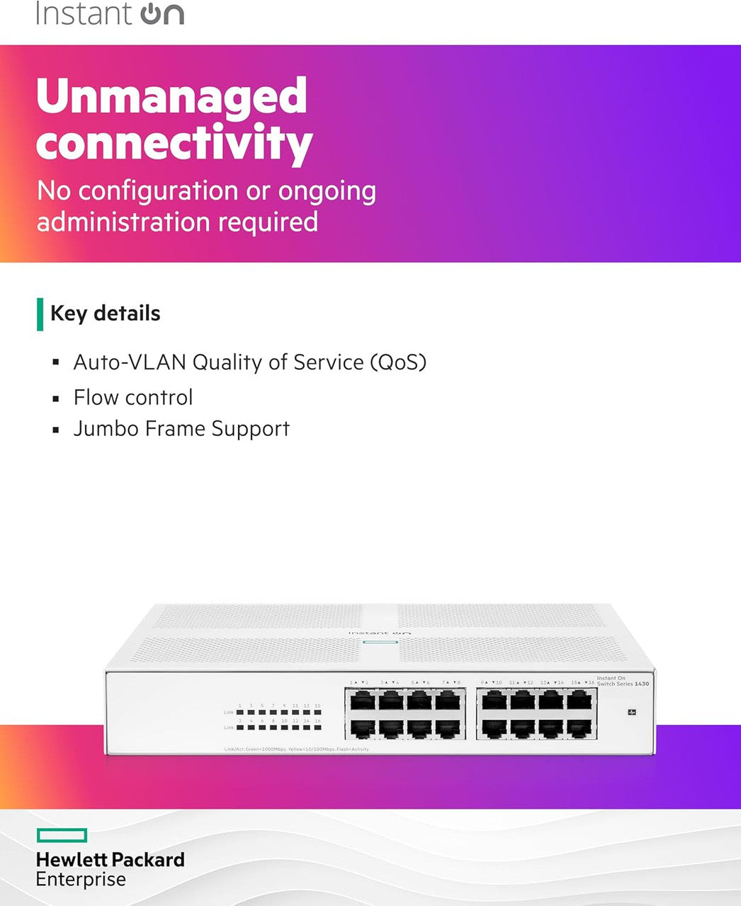 HPE Networking Instant On 1430 16-Port Gb Unmanaged Layer 2 Ethernet Switch | 16x 1G | Fan-Less | US Cord | R8R47A#ABA