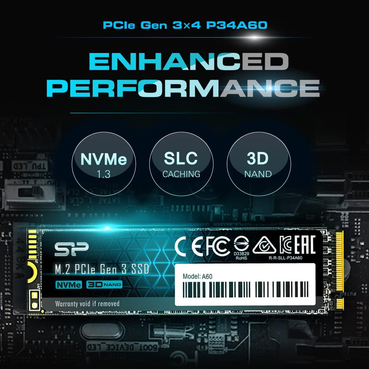 Silicon Power 1TB P34A60 NVMe M.2 PCIe Gen3x4 2280 SSD read speeds up to 2,200MB/s SP001TBP34A60M28
