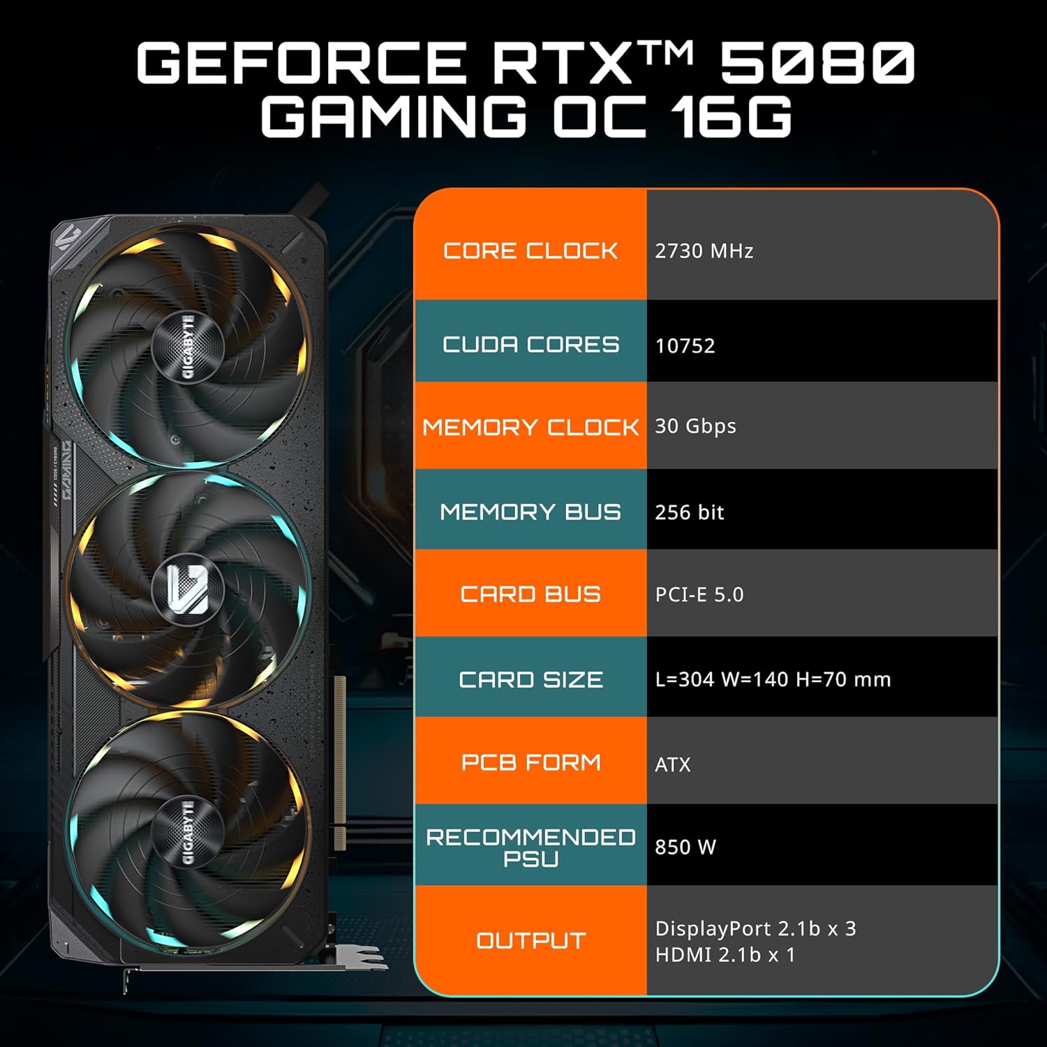 GIGABYTE GeForce RTX 5080 Gaming OC 16G Graphics Card | WINDFORCE Cooling System | 16GB GDDR7 | 256-bit | GV-N5080GAMING OC-16GD