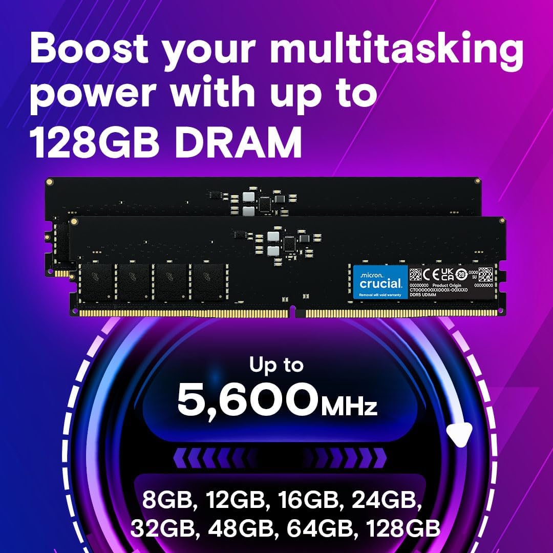Crucial RAM 8GB DDR5 5600MHz (5200MHz or 4800MHz) UDIMM - CT8G56C46U5