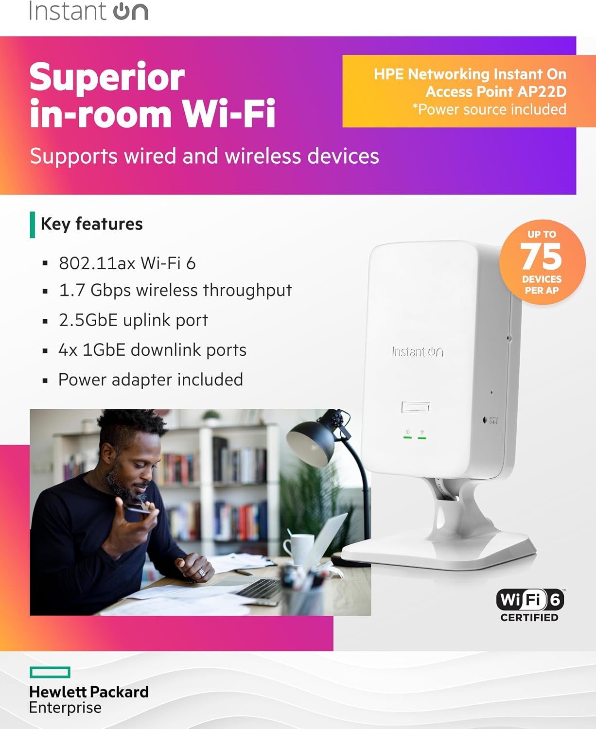 HPE Networking Instant On AP22D 2x2 Wi-Fi 6 Wireless Access Point | Single Room Coverage | Power Source Included | S0J32A