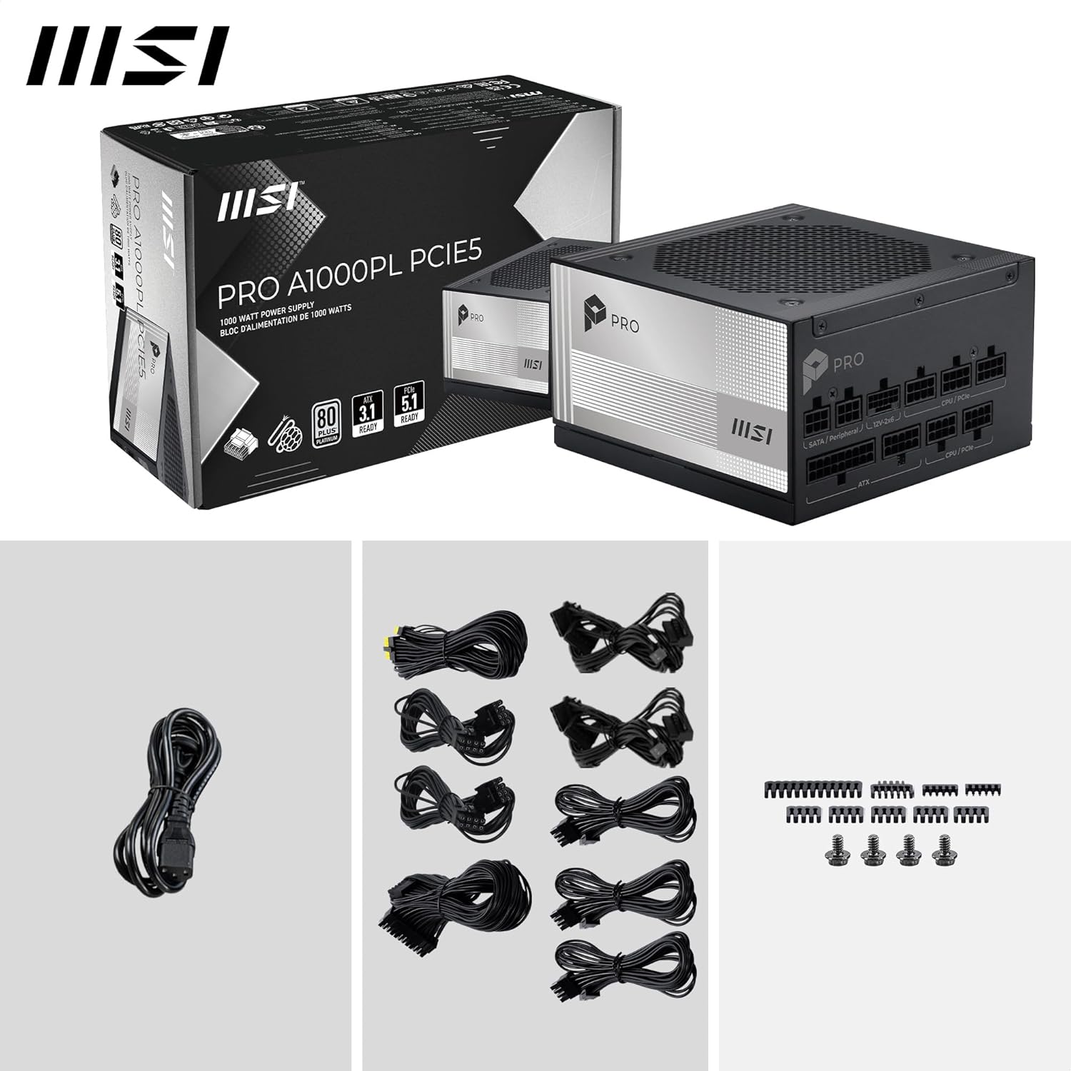 MSI 1000W Fully Modular Power Supply | 80 PLUS Platinum | ATX 3.1 | PCIe 5.1 | PRO A1000PL PCIE5