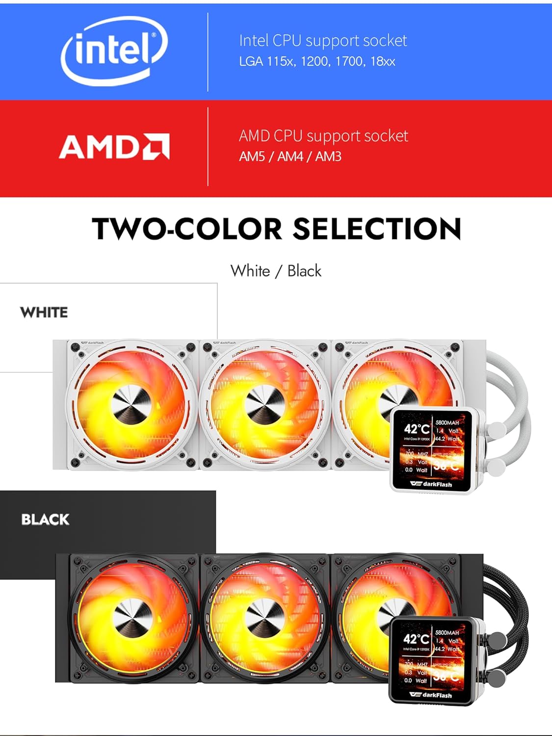 darkFlash DE360 AIO ARGB Liquid Cooler, 360mm LCD Display, Black - DF-DE360-BK