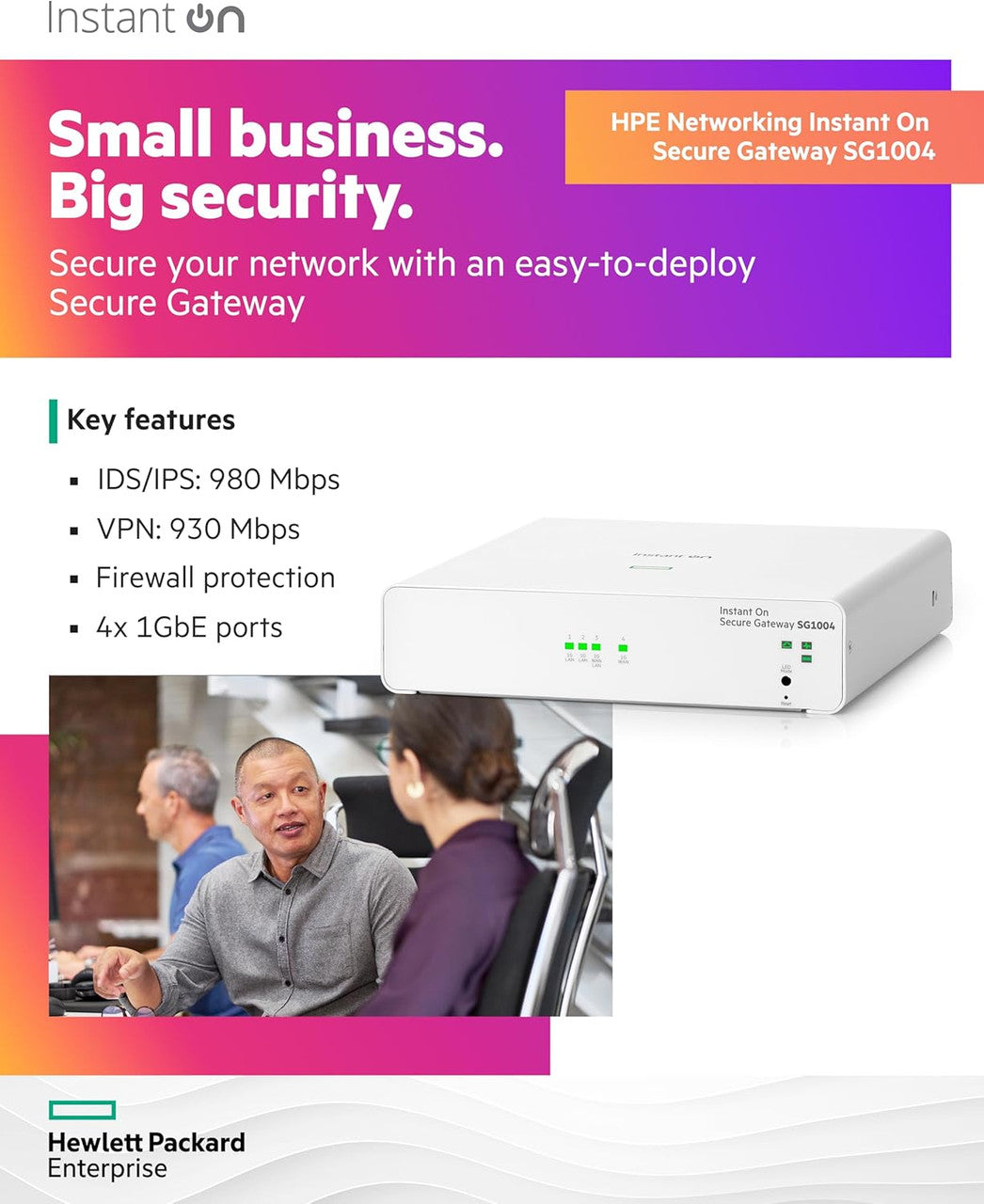 HPE Networking Instant On Secure Gateway SG1004 4-Port 1G Smart-Managed Gateway, 4X 1GBase-T, US Cord S0G33A#ABA