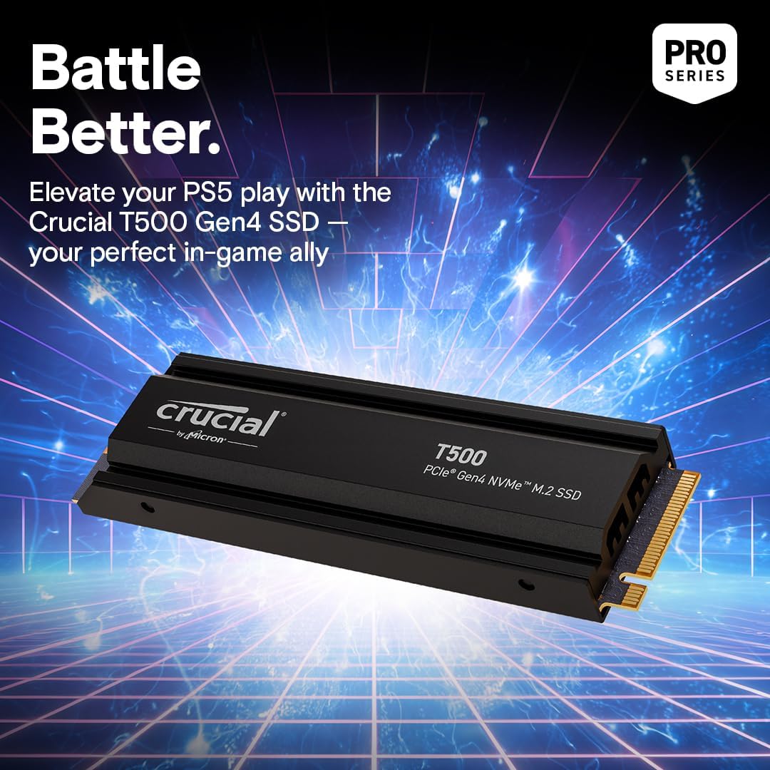 Crucial T500 1TB Gen4 NVMe M.2 Gaming SSD | Up to 7300MB/s | Heatsink | PS5 Compatible | PCIe 4.0 | CT1000T500SSD5