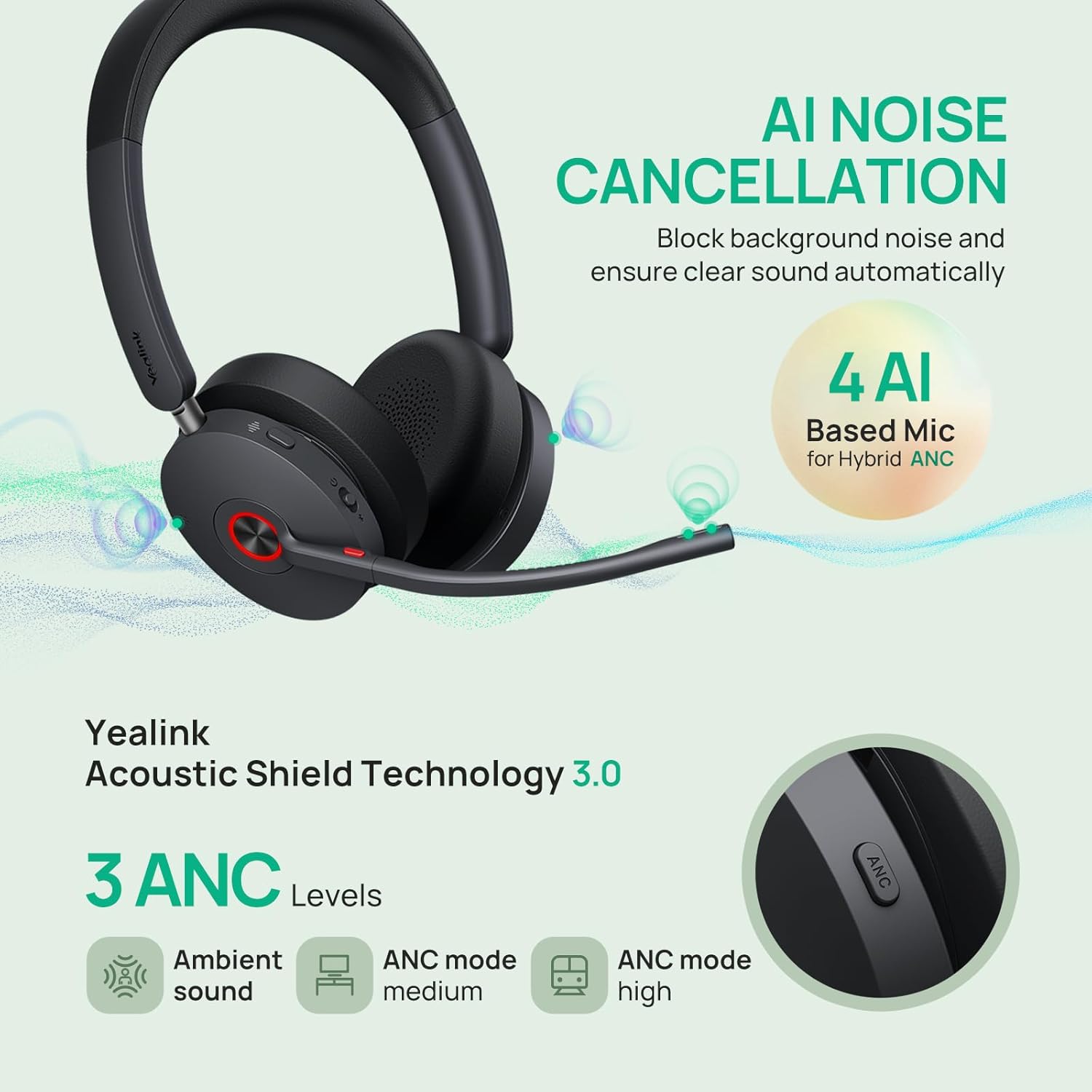 Yealink WH68 Workstation DECT Wireless Stereo Headset | UC Workstation | Hybrid ANC | Bluetooth & DECT | 1208738