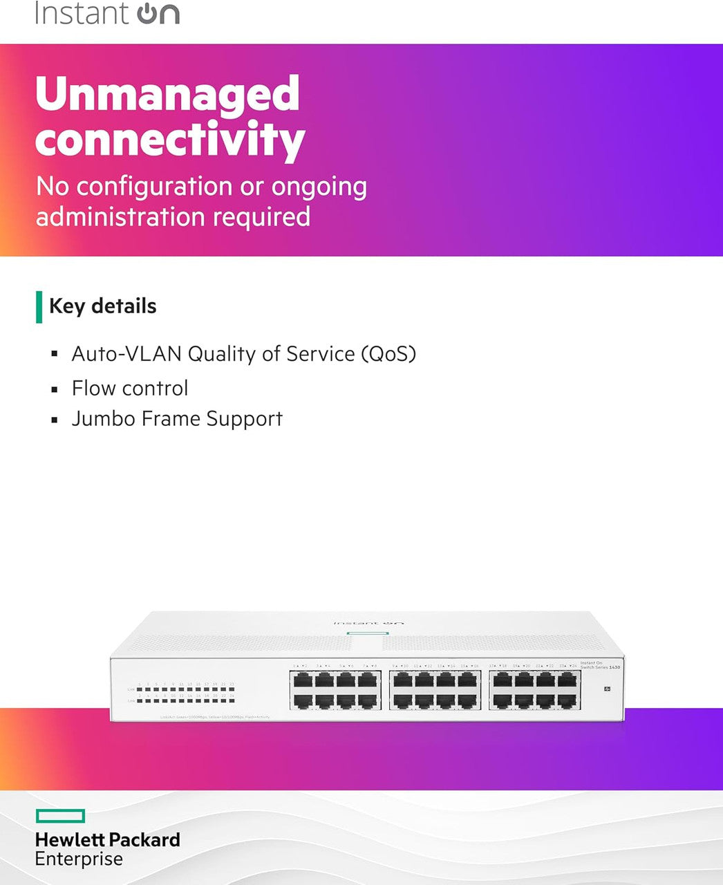 HPE Networking Instant On 1430 24-Port Gb Unmanaged Layer 2 Ethernet Switch | 24x 1G | Fan-Less | US Cord | R8R49A#ABA