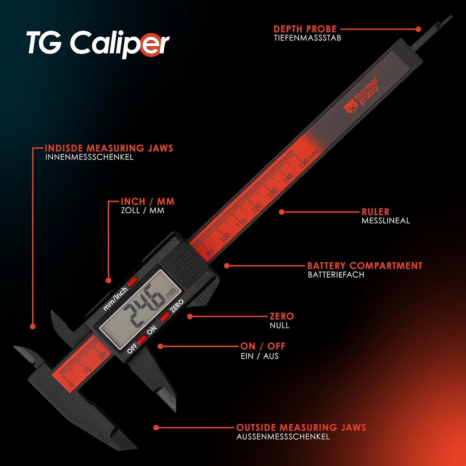 Thermal Grizzly Digital 150 mm / 6 in ABS Plastic Caliper Internal/External/Depth/Step Measurements - TG-CAL-150