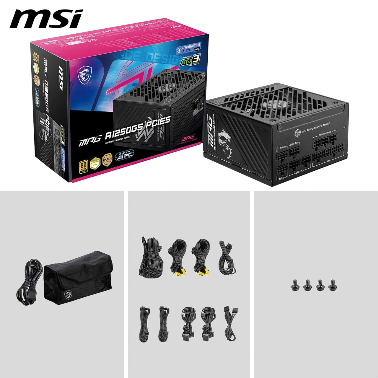 MSI ATX 3.1 Gaming Power Supply - Full Modular-80 Plus Gold Certified 1250W ATX PSU, 10 Year Warranty MPG A1250GS PCIE5