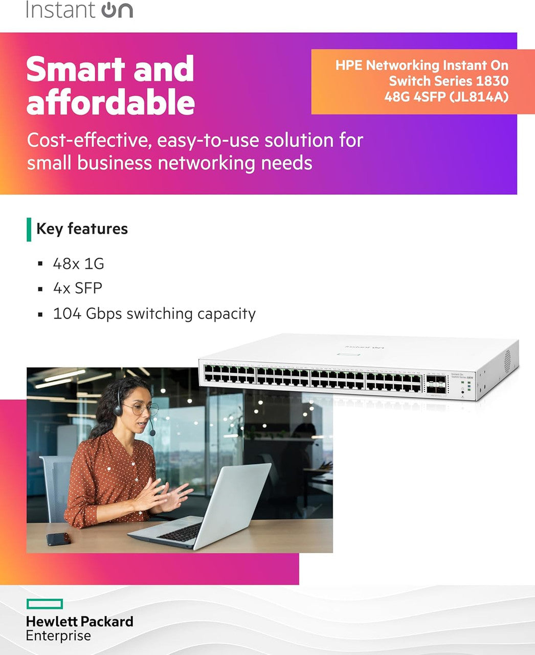HPE Networking Instant On 1830 48-Port Gb Smart Switch - 48x 1G | 4X SFP | US Cord | JL814A#ABA