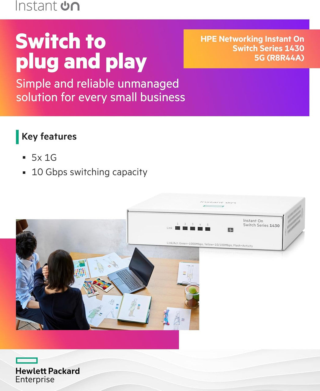 HPE Networking Instant On 1430 5-Port Gb Unmanaged Layer 2 Ethernet Switch | 5X 1G | Fan-Less | US Cord | R8R44A#ABA