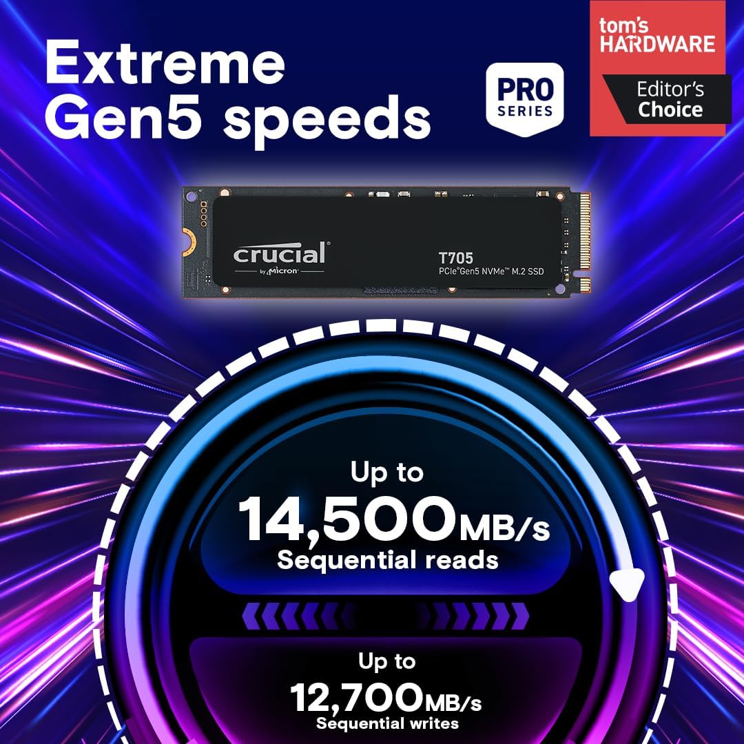 Crucial T705 2TB PCIe Gen5 NVMe M.2 SSD | 14,500MB/s | CT2000T705SSD3