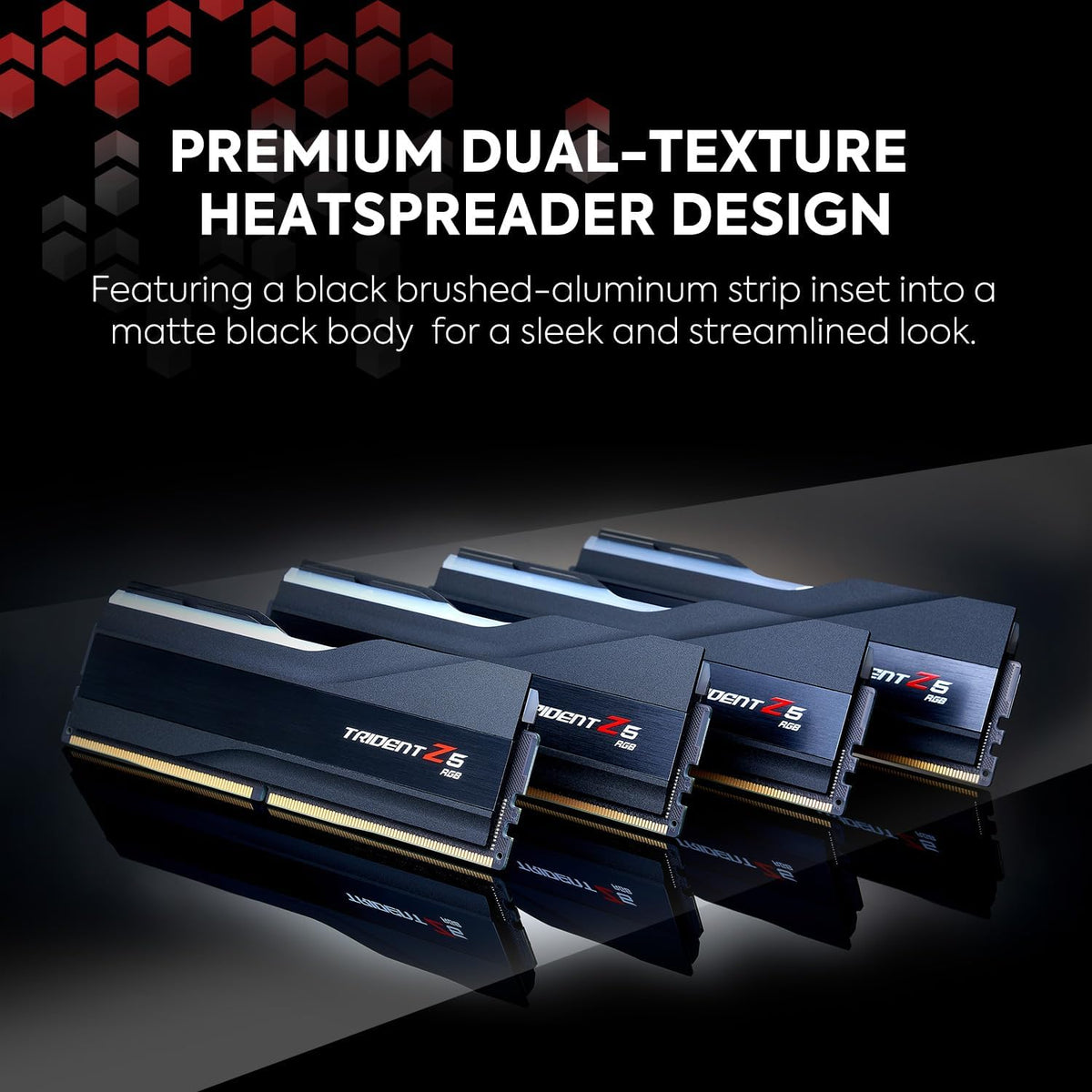 Memory sticks with a premium dual-texture heatspreader design on a dark background